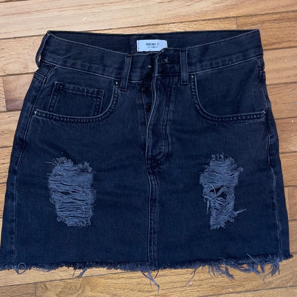 Forever 21 Black Denim Ripped Skirt, Size Medium